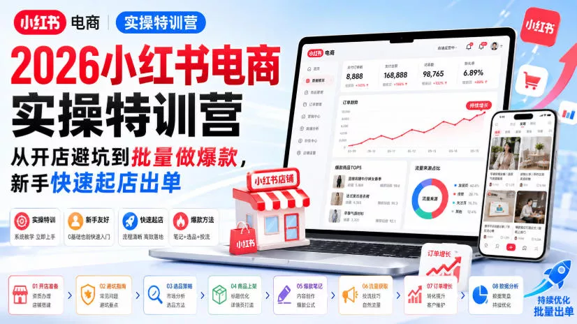 2026小红书电商实操特训营，从开店避坑到批量做爆款，新手快速起店出单祝你网--专注互联网创业.信息差副业研究拒绝割韭菜祝你网