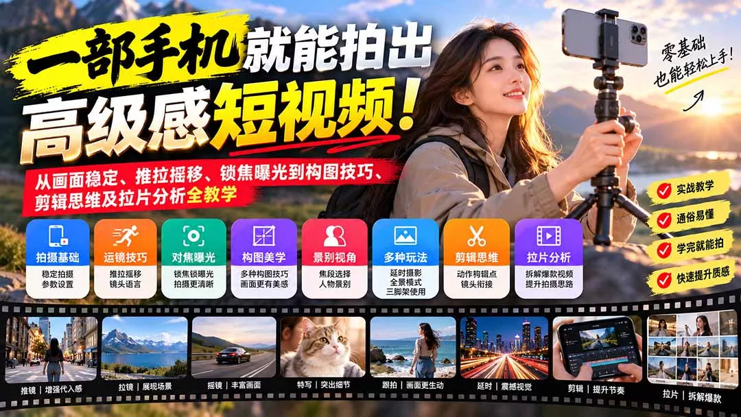 一部手机就能拍出高级感短视频！从画面稳定、推拉摇移、锁焦曝光到构图技巧、剪辑思维及拉片分析全教学祝你网--专注互联网创业.信息差副业研究拒绝割韭菜祝你网
