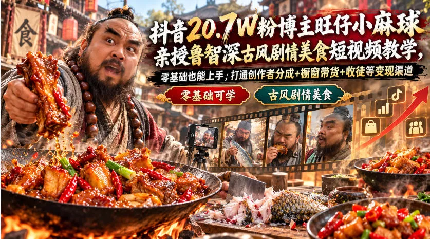 5b63b5b43b4217a65daddc5d7a99018a.webp 抖音20.7W粉博主旺仔小麻球亲授鲁智深古风剧情美食短视频教学,零基础也能上手,打通创作者分成+橱窗带货+收徒等变现渠道