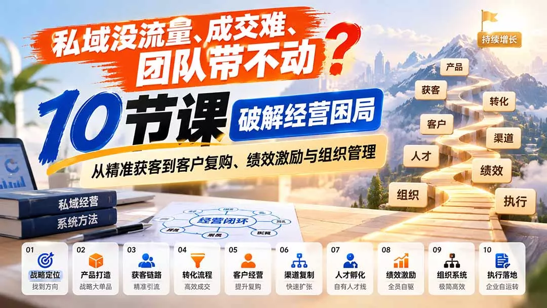 5b907a5d12dd7a55cb8cfc31d4b05da4.webp 私域没流量、成交难、团队带不动?10节课破解经营困局,从精准获客到客户复购、绩效激励与组织管理