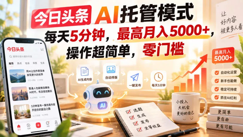今日头条AI托管模式,每天5分钟,最高月入5000+,操作超简单,零门槛【揭秘】祝你网--专注互联网创业.信息差副业研究拒绝割韭菜祝你网