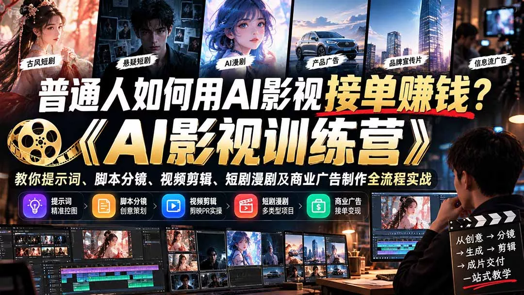 普通人如何用AI影视接单赚钱？《AI影视训练营》教你提示词、脚本分镜、视频剪辑、短剧漫剧及商业广告制作全流程实战祝你网--专注互联网创业.信息差副业研究拒绝割韭菜祝你网
