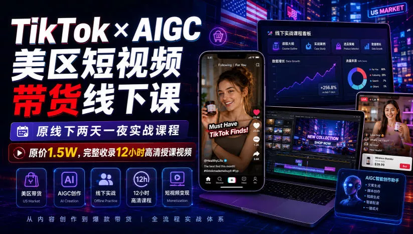 TikTok×AIGC美区短视频带货线下课,原线下两天一夜实战课程,原价1.5W,完整收录12小时高清授课视频祝你网--专注互联网创业.信息差副业研究拒绝割韭菜祝你网
