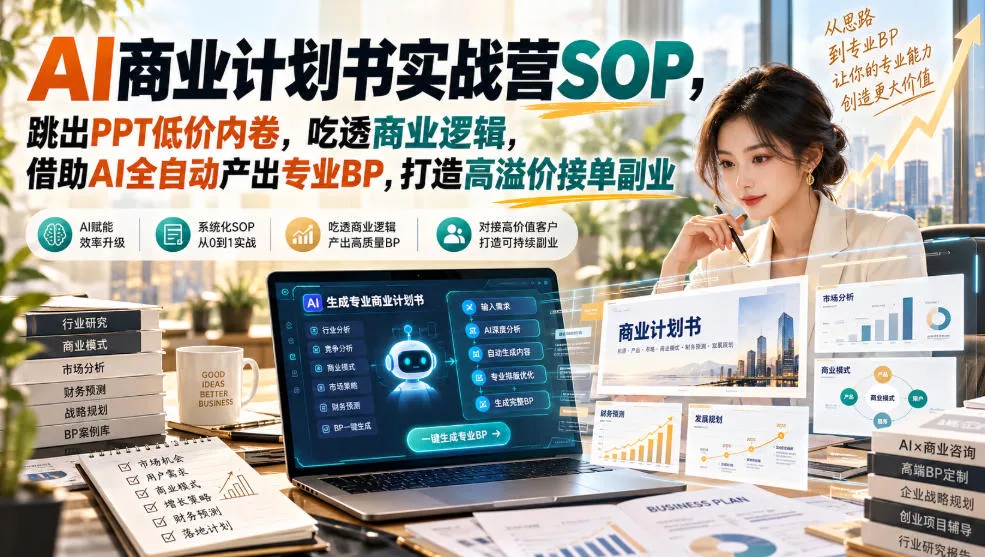 5bec6808f859a0ace9c666a522b68d3b.webp AI商业计划书实战营SOP,跳出PPT低价内卷,吃透商业逻辑,借助AI全自动产出专业BP,打造高溢价接单副业