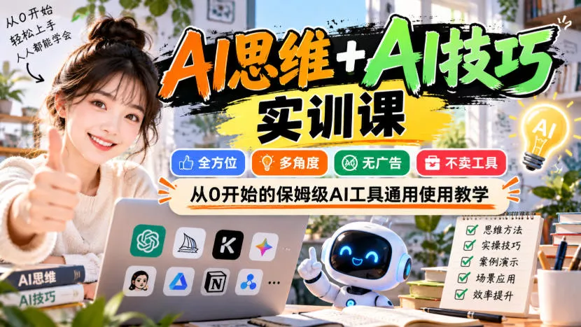 5c317e0c86738c2d4c94f9657bf5ce93.webp 【无水印】AI思维+AI技巧实训课,全方位、多角度、无广告、不卖工具,从0开始的保姆级AI工具通用使用教学