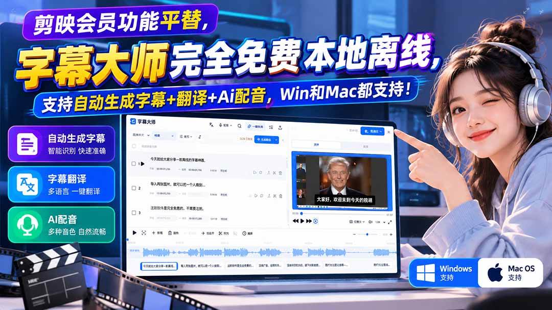 （20902期）剪映会员功能平替，字幕大师完全免费本地离线，支持自动生成字幕+翻译+Ai配音，Win和Mac都支持！祝你网--专注互联网创业.信息差副业研究拒绝割韭菜祝你网