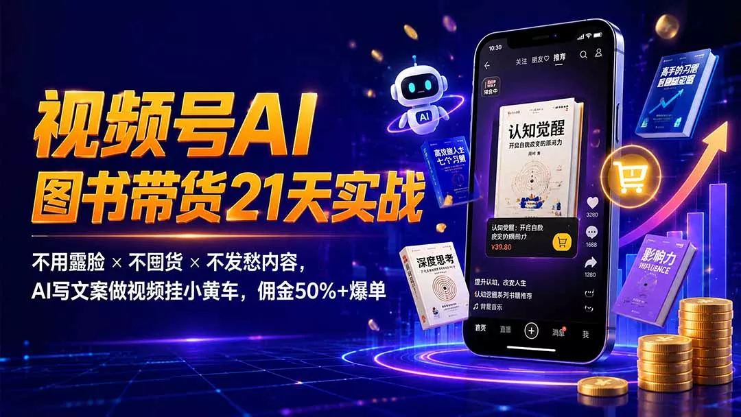 繁花视频号AI图书带货21天实战:不用露脸×不囤货×不发愁内容,AI写文案做视频挂小黄车,佣金50%+爆单祝你网--专注互联网创业.信息差副业研究拒绝割韭菜祝你网