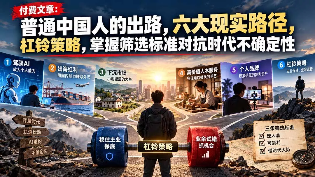 5d694c2ec5c6eff22802a298b8608dcd.webp 付费文章:普通中国人的出路,六大现实路径,杠铃策略,掌握筛选标准对抗时代不确定性