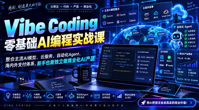 Vibe Coding零基础AI编程实战课-无水印，整合主流AI模型、云服务、自动化Agent、海内外支付体系，新手也能独立做商业化AI产品祝你网--专注互联网创业.信息差副业研究拒绝割韭菜祝你网