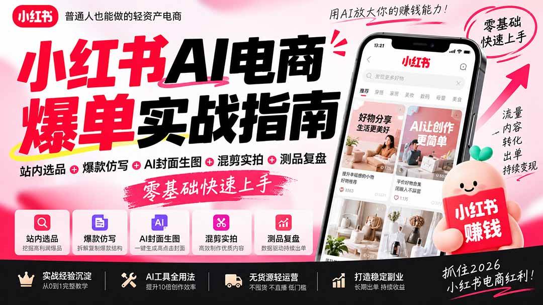 5e1574f3b72fb1e4dbe46f06d3dbc1ca.jpeg (20516期)2026小红书AI电商爆单实战指南:站内选品+爆款仿写+AI封面生图+混剪实拍+测品复盘,零基础快速上手