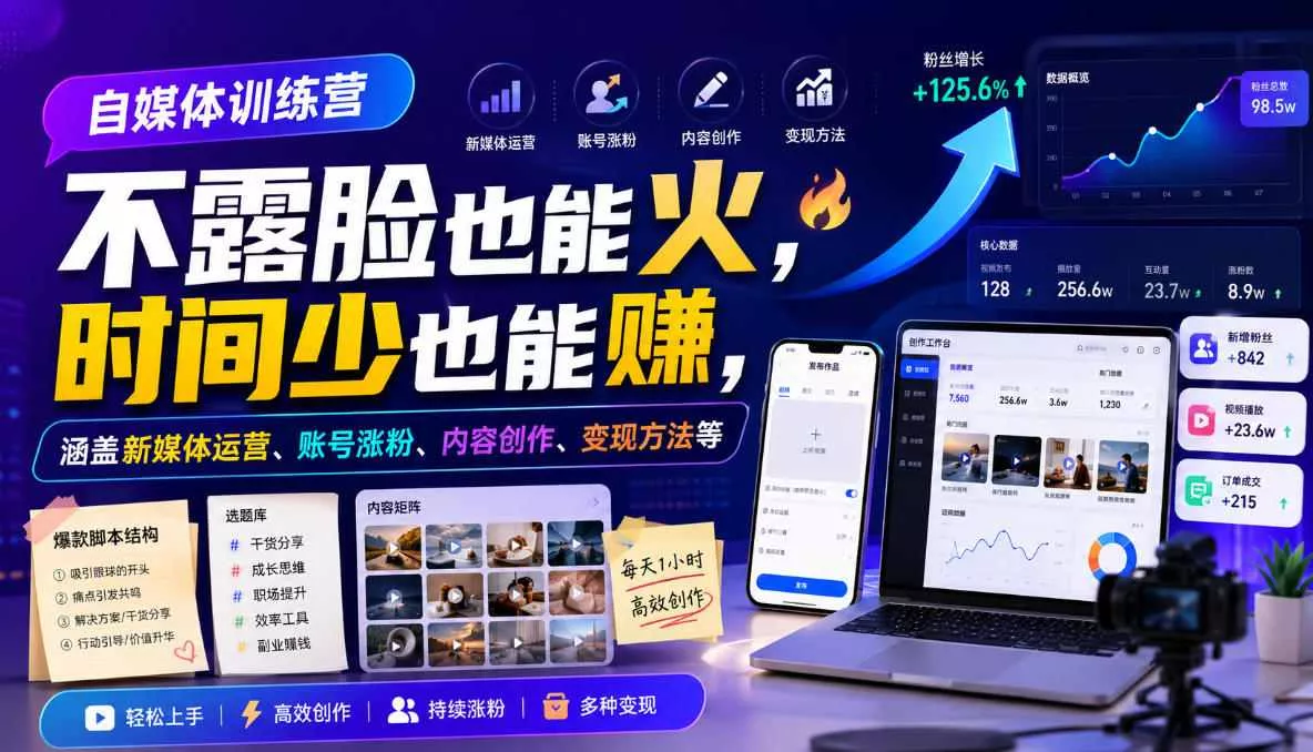 自媒体训练营，不露脸也能火，时间少也能賺，涵盖新媒体运营、账号涨粉、内容创作、变现方法等祝你网--专注互联网创业.信息差副业研究拒绝割韭菜祝你网