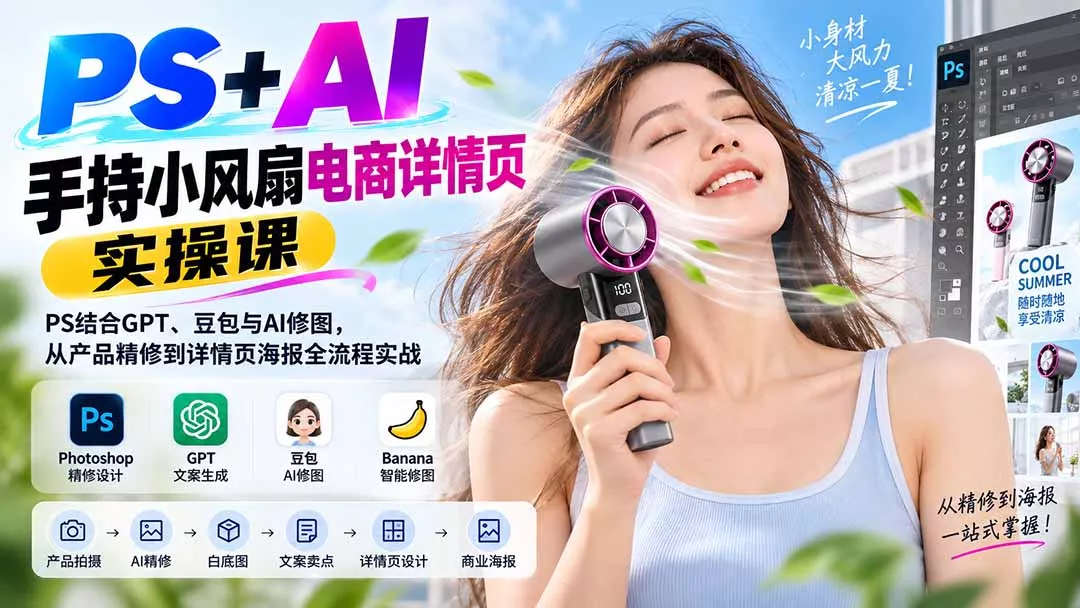 PS+AI手持小风扇电商详情页实操课：PS结合GPT、豆包与AI修图，从产品精修到详情页海报全流程实战祝你网--专注互联网创业.信息差副业研究拒绝割韭菜祝你网