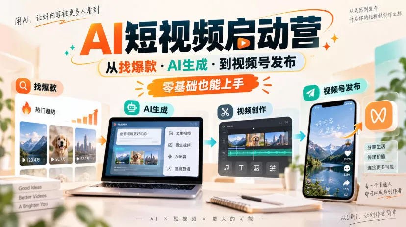 AI短视频启动营，从找爆款·AI生成·到视频号发布，零基础也能上手祝你网--专注互联网创业.信息差副业研究拒绝割韭菜祝你网