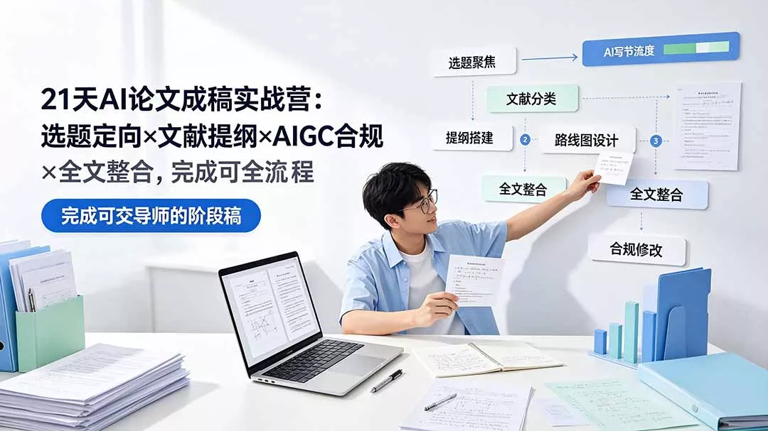 5eaaa6af8928c5d9c2b58698297ff500.webp 21天AI论文成稿实战营:选题定向×文献提纲×AIGC合规×全文整合,完成可交导师的阶段稿