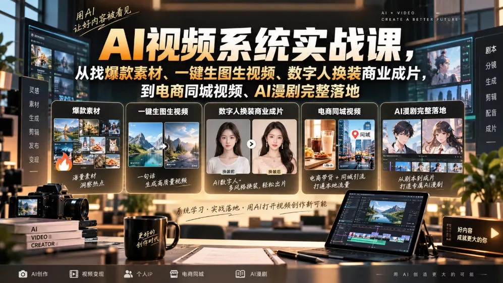 AI视频系统实战课,从找爆款素材、一键生图生视频、数字人换装商业成片,到电商同城视频、AI漫剧完整落地祝你网--专注互联网创业.信息差副业研究拒绝割韭菜祝你网