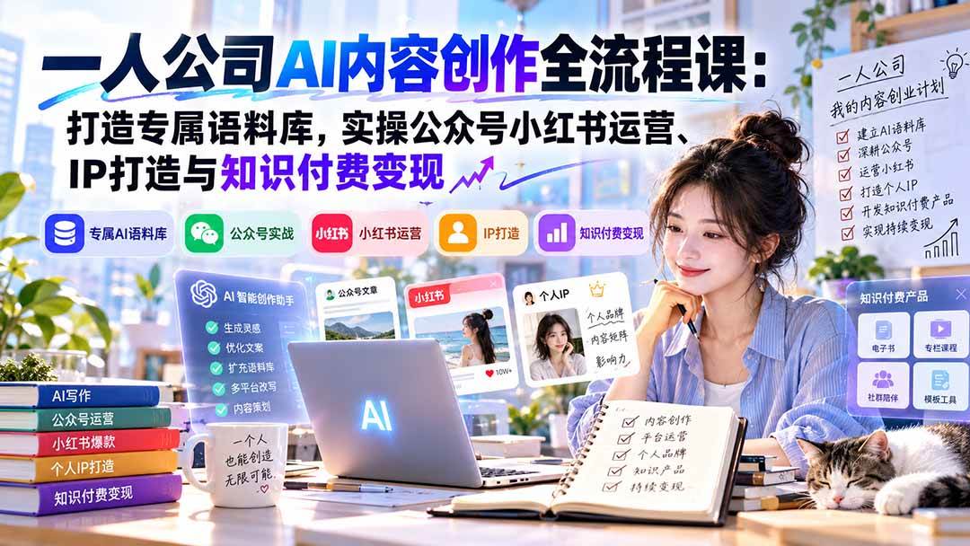 5eb925d3b7cc6bc56e0f9eb1375503f5.jpeg (20866期)一人公司AI内容创作全流程课:打造专属语料库,实操公众号小红书运营、IP打造与知识付费变现方法论