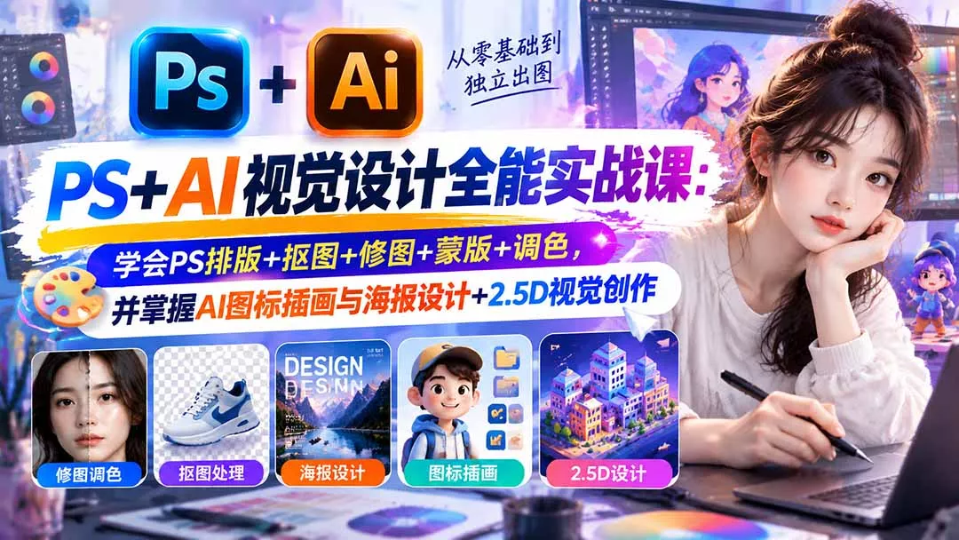 【无水印】PS+AI视觉设计全能实战课:学会PS排版+抠图+修图+蒙版+调色,并掌握AI图标插画与海报设计+2.5D视觉创作祝你网--专注互联网创业.信息差副业研究拒绝割韭菜祝你网