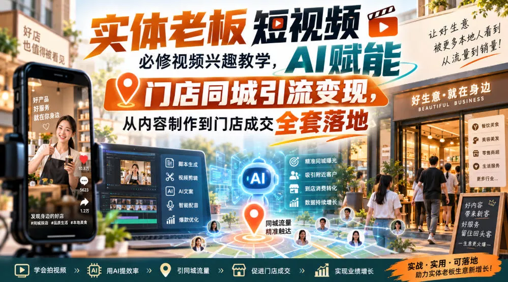 实体老板短视频必修视频兴趣教学,AI赋能门店同城引流变现,AI+短视频+直播打爆实体客流量祝你网--专注互联网创业.信息差副业研究拒绝割韭菜祝你网