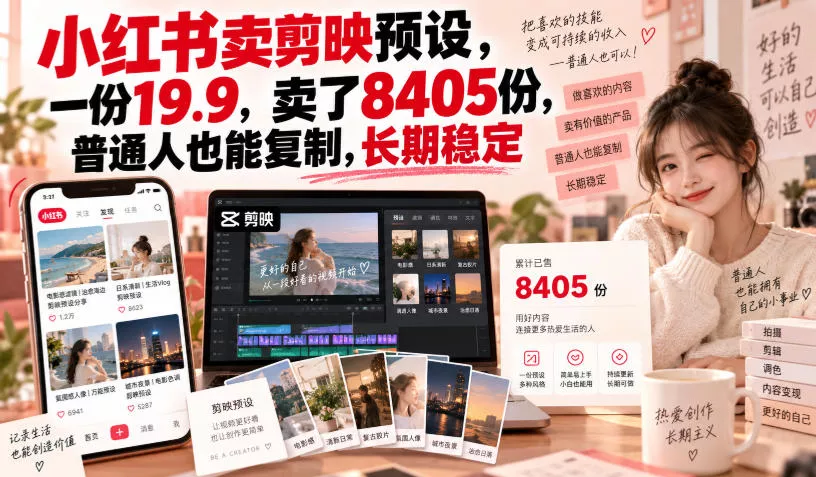 5f1dc2ef0cb69c7e2e344134148709c8.webp 小红书卖剪映预设,一份19.9,卖了8405份,普通人也能复制,长期稳定