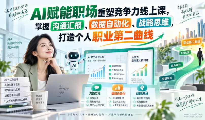 5f6650c6dbea044c87a4f58a0ba25a77.webp AI赋能职场重塑竞争力线上课,掌握沟通汇报、数据自动化、战略思维,打造个人职业第二曲线