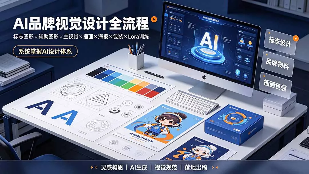 5f7bbd1248166eb44aef881fca41533d.webp AI品牌视觉设计全流程:标志图形×辅助图形×主视觉×插画×海报×包装×Lora训练,系统掌握AI设计体系