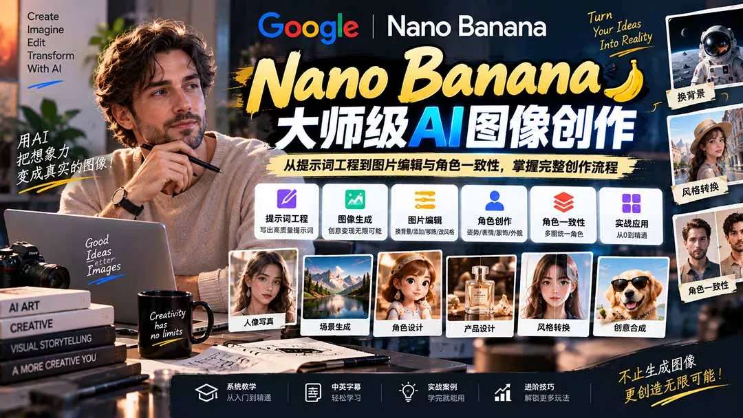 6011cb599b3a7f55c420e7cac7b75570.webp 【无水印】Nano Banana大师级AI图像实战课:从提示词工程到图片编辑与角色一致性,掌握完整创作流程
