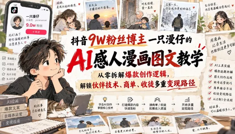 6013f9672ca8d19012036fc94af5840f.webp 抖音9W粉丝博主一只漫仔的AI感人漫画图文教学,从零拆解爆款创作逻辑,解锁伙伴技术、商单、收徒多重变现路径