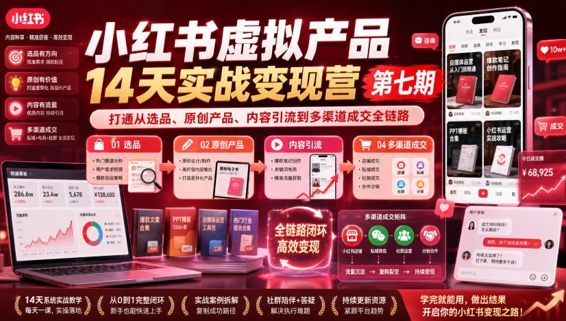 小红书虚拟产品14天实战变现营第七期,打通从选品、原创产品、内容引流到多渠道成交全链路祝你网--专注互联网创业.信息差副业研究拒绝割韭菜祝你网