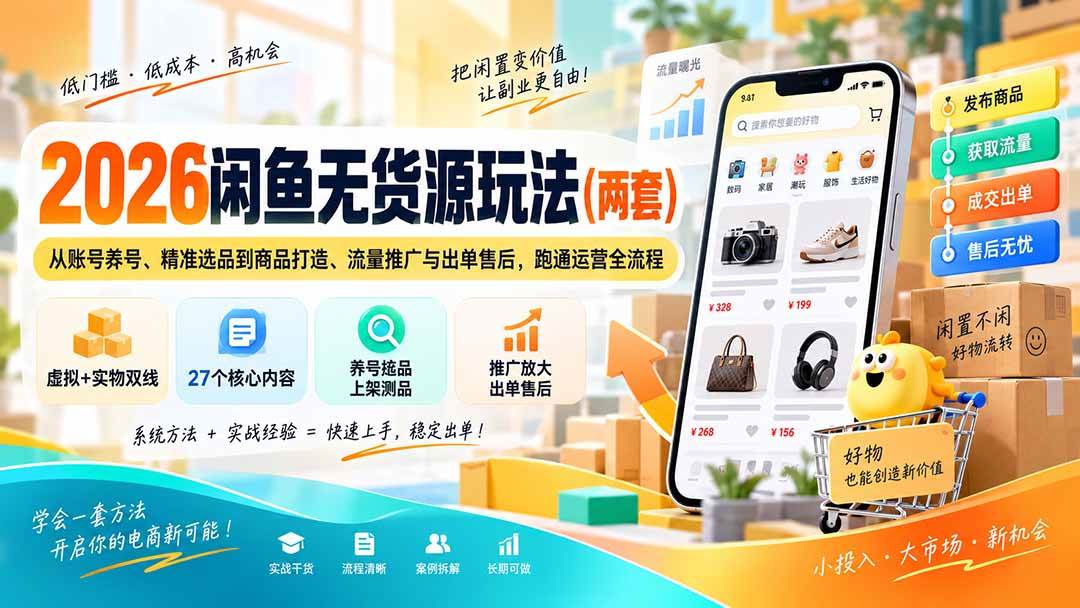 （20426期）2026闲鱼无货源玩法（两套）：从账号养号、精准选品到商品打造、流量推广与出单售后，跑通运营全流程祝你网--专注互联网创业.信息差副业研究拒绝割韭菜祝你网