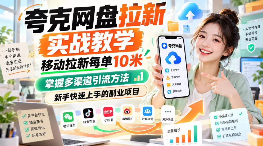 夸克网盘拉新实战教学,移动拉新每单10米,掌握多渠道引流方法,新手快速上手的副业项目(更新0929)祝你网--专注互联网创业.信息差副业研究拒绝割韭菜祝你网