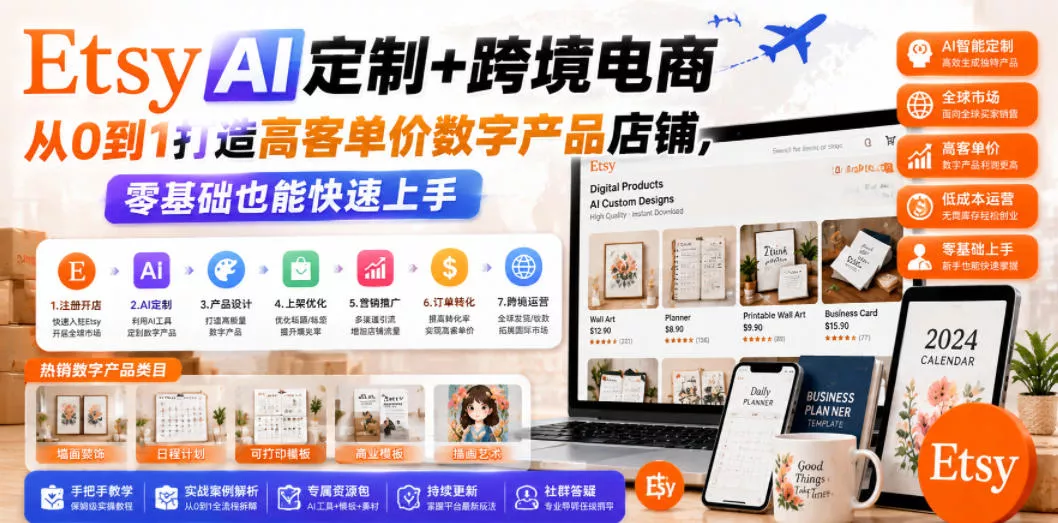 Etsy AI定制+跨境电商,从0到1打造高客单价数字产品店铺,零基础也能快速上手祝你网--专注互联网创业.信息差副业研究拒绝割韭菜祝你网