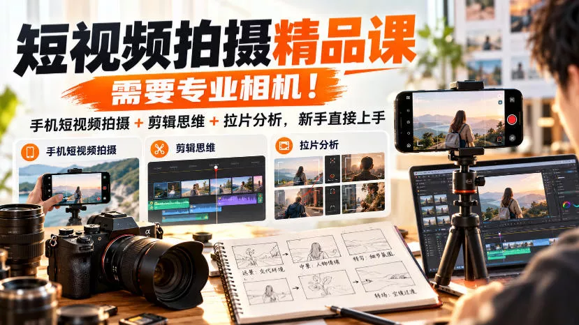 短视频拍摄精品课,需要专业相机!手机短视频拍摄+剪辑思维+拉片分析,新手直接上手祝你网--专注互联网创业.信息差副业研究拒绝割韭菜祝你网