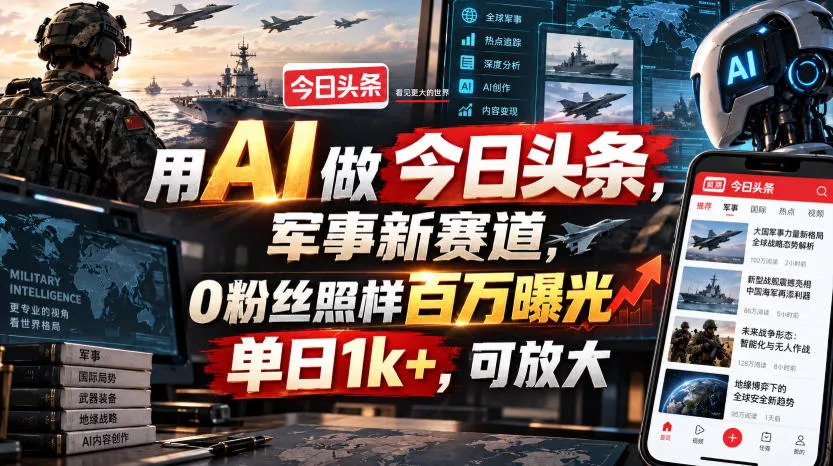 用AI做今日头条,军事新赛道,0粉丝照样百万曝光,单日1k+,可放大祝你网--专注互联网创业.信息差副业研究拒绝割韭菜祝你网