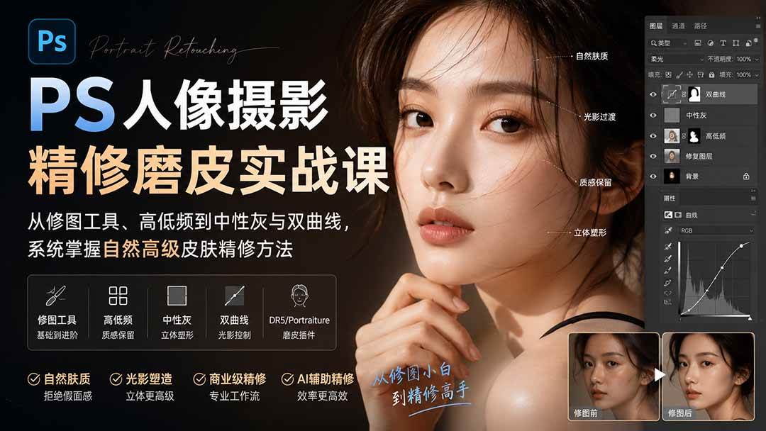 (20061期)PS人像摄影精修磨皮实战课:从修图工具、高低频到中性灰与双曲线,系统掌握自然高级皮肤精修方法祝你网--专注互联网创业.信息差副业研究拒绝割韭菜祝你网