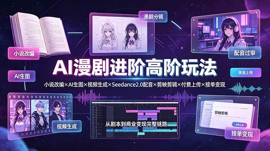 (19430期)AI漫剧进阶高阶玩法:小说改编×AI生图×视频生成×Seedance2.0配音×剪映剪辑×付费上传×接单变现祝你网--专注互联网创业.信息差副业研究拒绝割韭菜祝你网