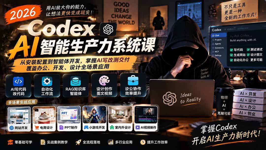 （20535期）2026 Codex AI智能生产力系统课-更新｜从安装配置到智能体开发，掌握AI写改测交付，覆盖办公、开发、设计全场景应用祝你网--专注互联网创业.信息差副业研究拒绝割韭菜祝你网