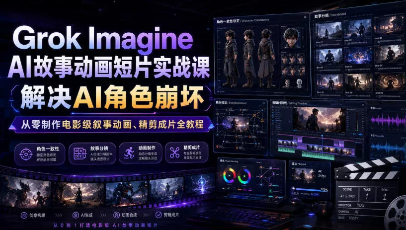 Grok Imagine AI故事动画短片实战课|解决AI角色崩坏,从零制作电影级叙事动画、精剪成片全教程(中英字幕)祝你网--专注互联网创业.信息差副业研究拒绝割韭菜祝你网