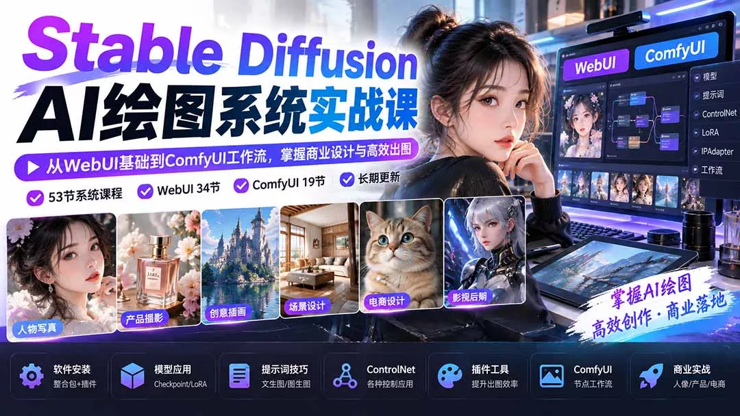 【无水印】Stable Diffusion AI绘图系统实战课：从WebUI基础到ComfyUI工作流，掌握商业设计与高效出图祝你网--专注互联网创业.信息差副业研究拒绝割韭菜祝你网