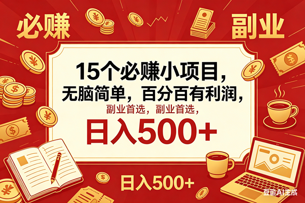 （18390期）15个必赚钱的小项目，百分百赚米，无脑简单，副业首选，日入600+祝你网--专注互联网创业.信息差副业研究拒绝割韭菜祝你网