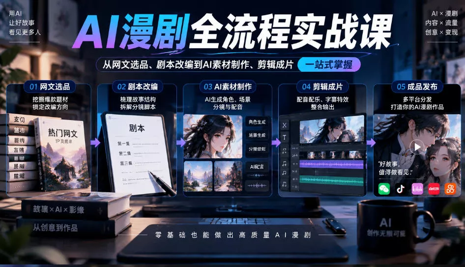 AI漫剧全流程实战课,覆盖从网文选品、剧本改编到AI素材制作、剪辑成片的完整链路祝你网--专注互联网创业.信息差副业研究拒绝割韭菜祝你网