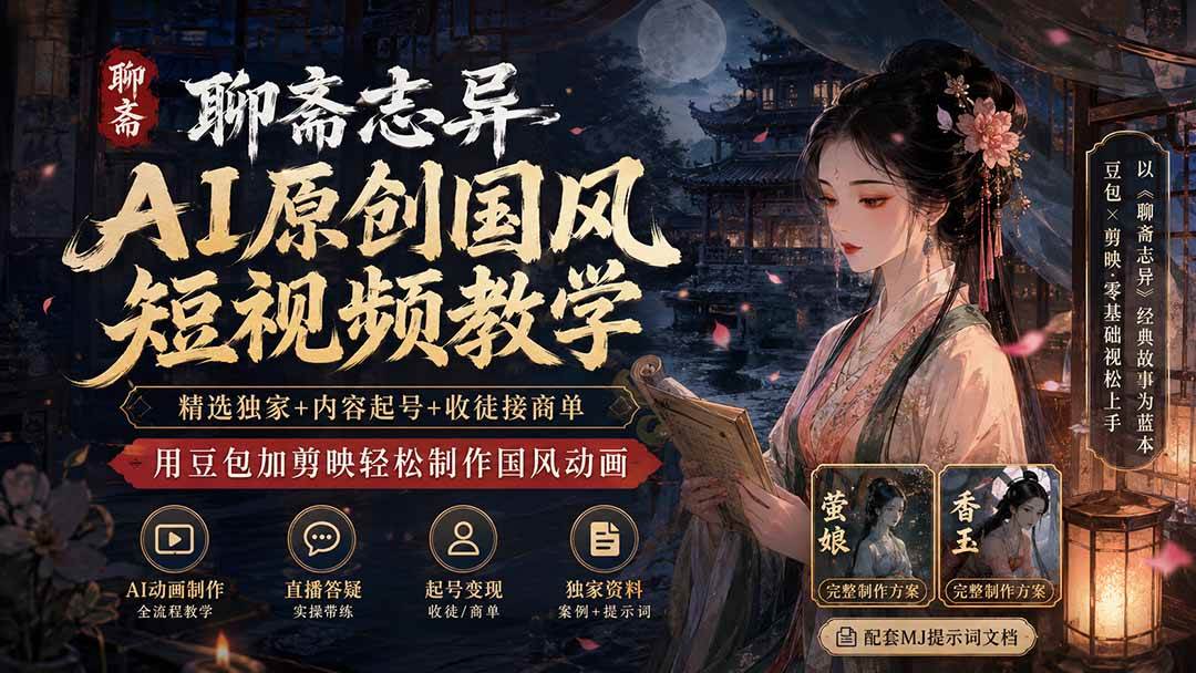 63b4f2e262b8abbbb65373a3580cf46b.jpeg (19834期)聊斋志异AI原创国风短视频教学;精选独家+内容起号+收徒接商单,用豆包加剪映轻松制作国风动画
