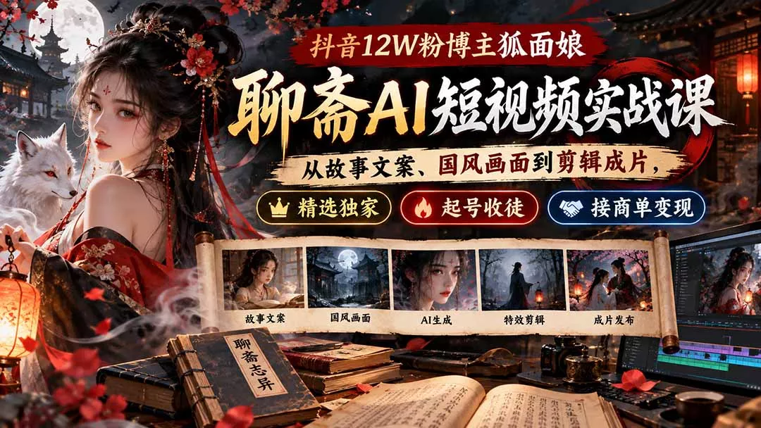 抖音12W粉博主狐面娘-聊斋AI短视频实战课:从故事文案、国风画面到剪辑成片,精选独家+起号收徒+接商单变现祝你网--专注互联网创业.信息差副业研究拒绝割韭菜祝你网