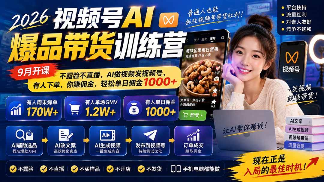 (20537期)2026视频号AI爆品带货训练营-9月开课|不露脸不直播,AI做视频发视频号,有人下单,你赚佣金,轻松单日佣金1000+祝你网--专注互联网创业.信息差副业研究拒绝割韭菜祝你网