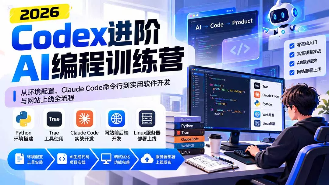 6467d959f777e0deaab93cca3f926b55.webp Codex进阶AI编程训练营:从环境配置、Claude Code命令行到实用软件开发与网站上线全流程