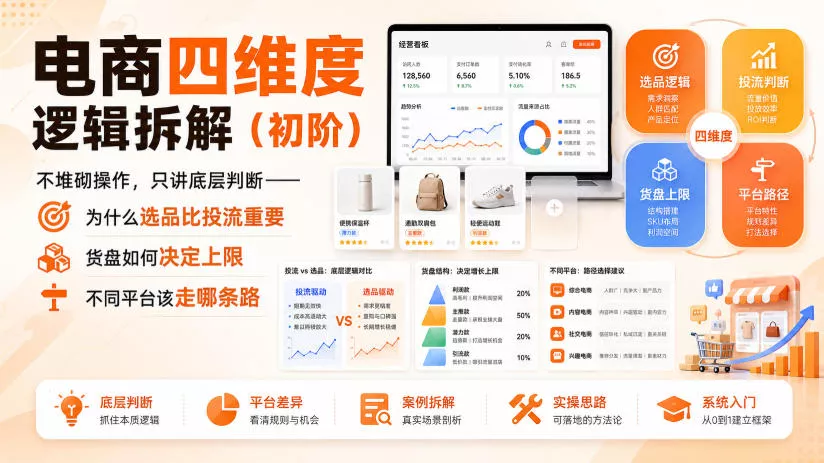 电商四维度逻辑拆解(初阶)不堆砌操作,只讲底层判断——为什么选品比投流重要、货盘如何决定上限、不同平台该走哪条路祝你网--专注互联网创业.信息差副业研究拒绝割韭菜祝你网