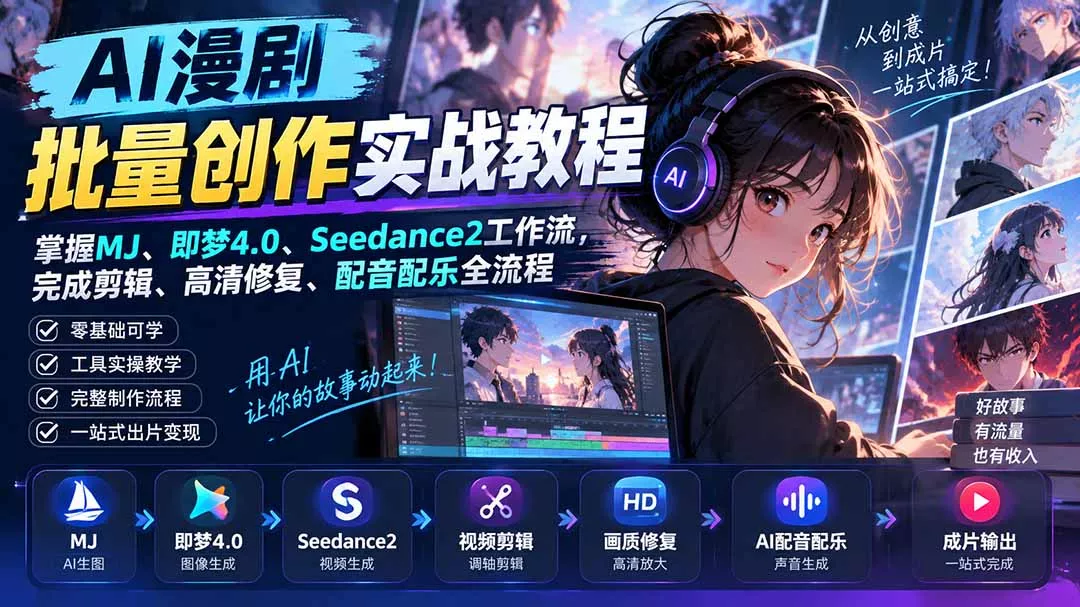 AI漫剧批量创作实战教程:掌握MJ、即梦4.0、Seedance2工作流,完成剪辑、高清修复、配音配乐全流程祝你网--专注互联网创业.信息差副业研究拒绝割韭菜祝你网