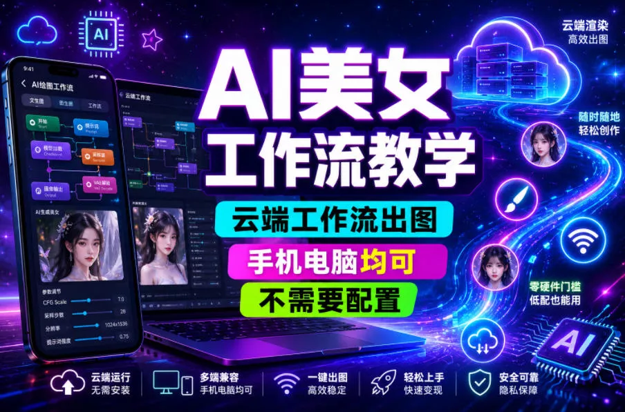 AI美女工作流教学,云端工作流出图,手机电脑均可,不需要配置,快速起号涨粉祝你网--专注互联网创业.信息差副业研究拒绝割韭菜祝你网