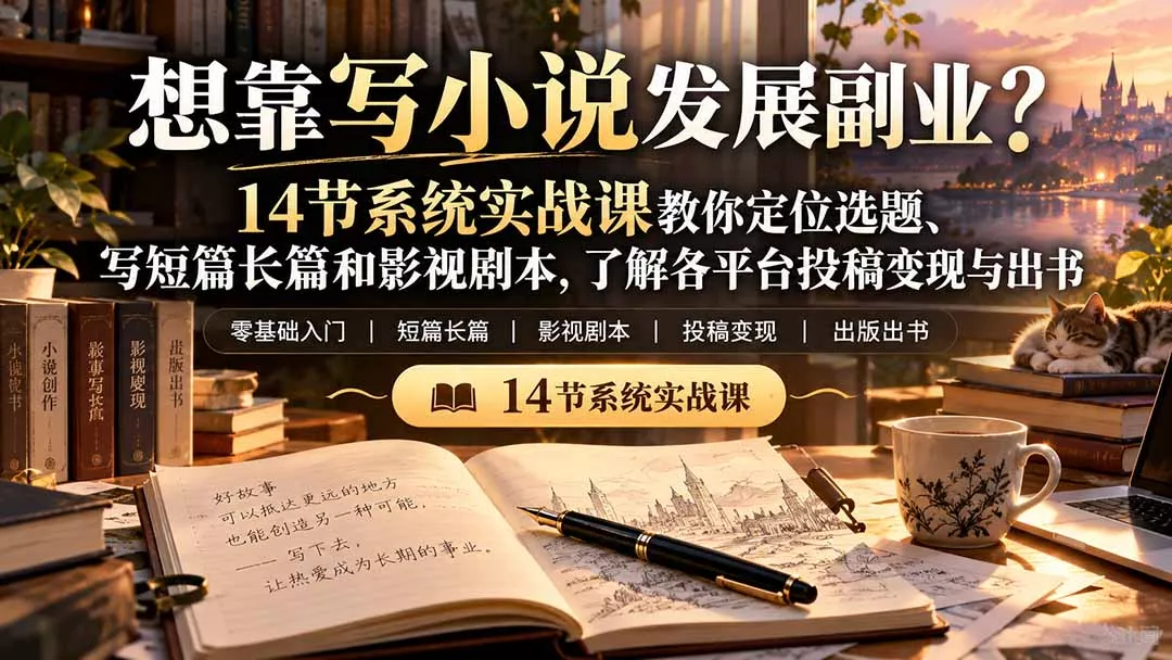 65c8abaac7da13e53c9bad56584b7760.webp 【无水印】想靠写小说发展副业?14节系统实战课教你定位选题、写短篇长篇和影视剧本,了解各平台投稿变现与出书