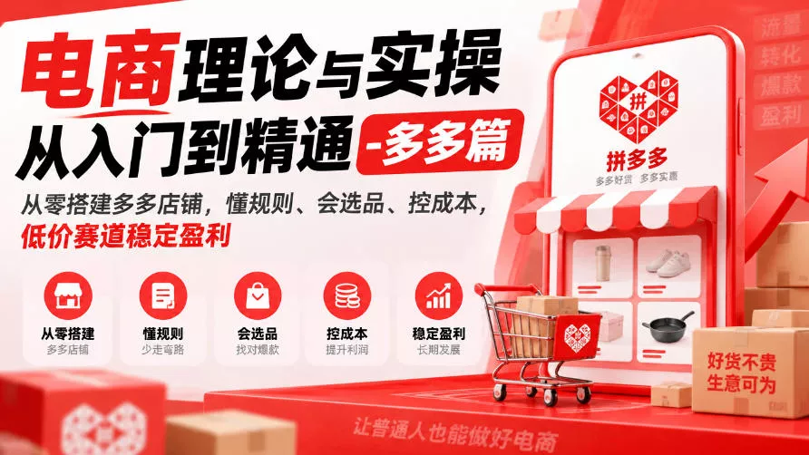 电商理论与实操从入门到精通-多多篇,从零搭建多多店铺,懂规则、会选品、控成本,低价赛道稳定盈利祝你网--专注互联网创业.信息差副业研究拒绝割韭菜祝你网
