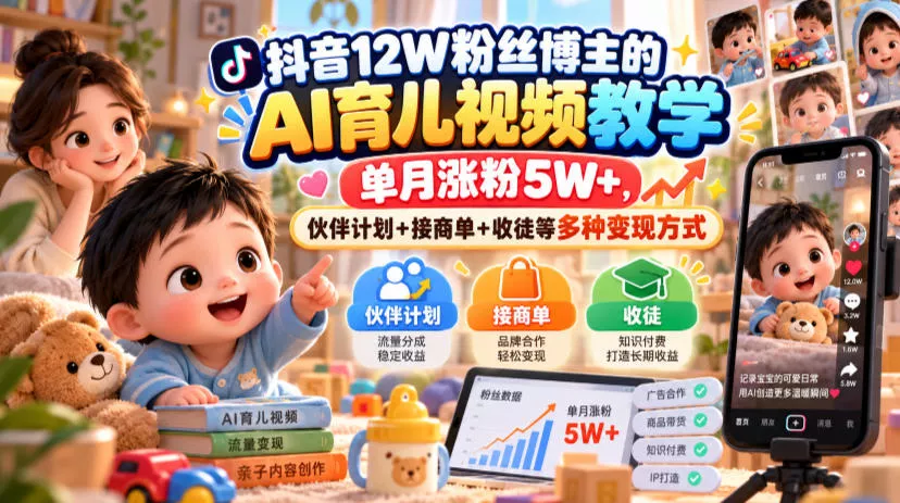 675bebb03f3dd836c9fdfcf15e769152.webp 抖音12W粉丝博主的AI育儿视频教学,单月涨粉5W+,伙伴计划+接商单+收徒等多种变现方式